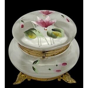 Antique 1900s Bohemian Glass Brass Chinese Lotus Flower Brass Trinket Powder Box